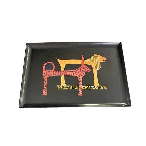 Vtg Couroc of Monterey Rectangular Black Tray Egyptian-Inspired Inlay 18"x12" - Picture 8 of 8